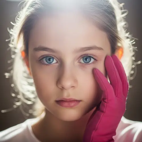 Caucasian Young Girl in Vibrant Pink Glove