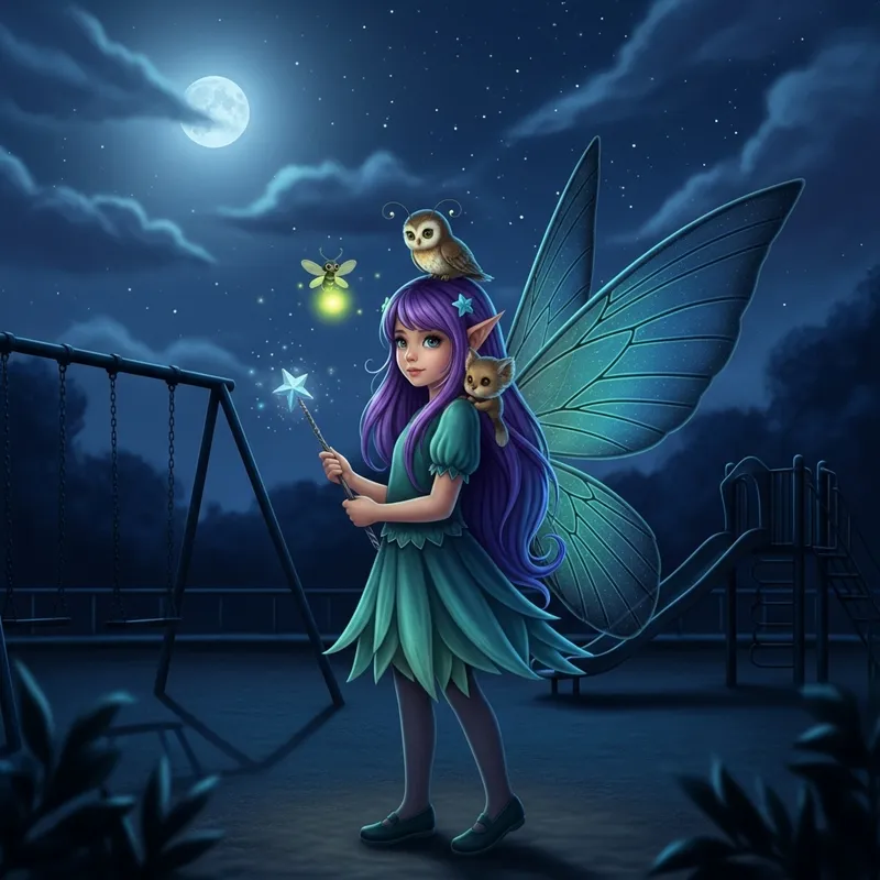 Enchanting Fairy Girl with Vibrant Hair and Big Wings on Nighttime Playground