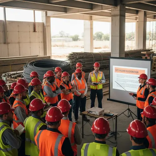 36 Construction Workers Learning Session with Red Helmets and Reflective Vests