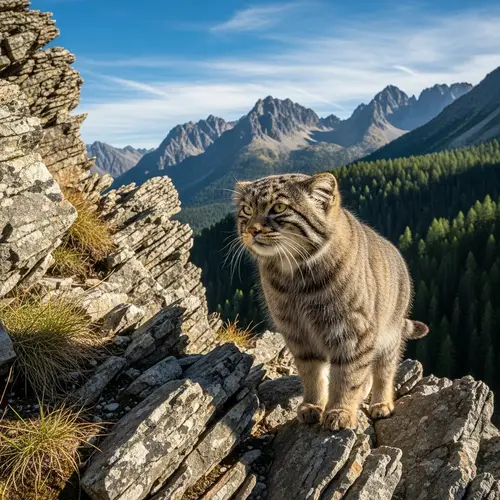 Wildcat Standing on Rocky Ledge in Mountain - Nature Landscape Photo