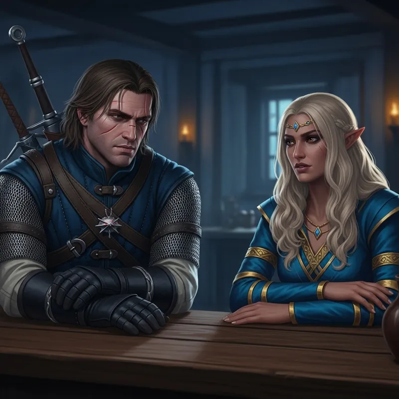 Male Witcher and Elven Sorceress in Tense Tavern Encounter