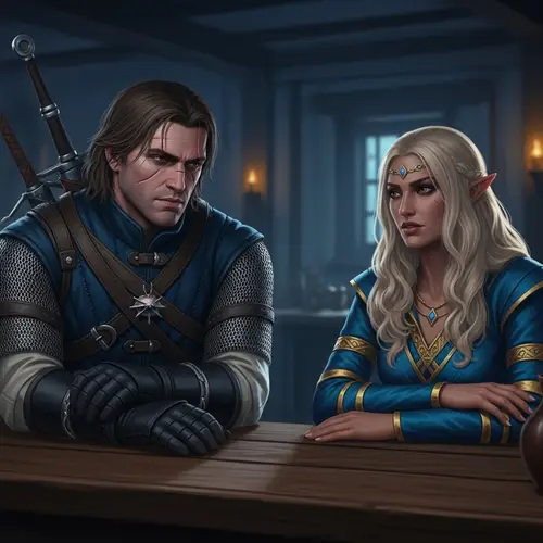 Male Witcher and Elven Sorceress Confrontation in Rustic Tavern