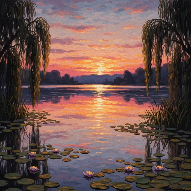 Tranquil Lake Sunset | Impressionist Style Art