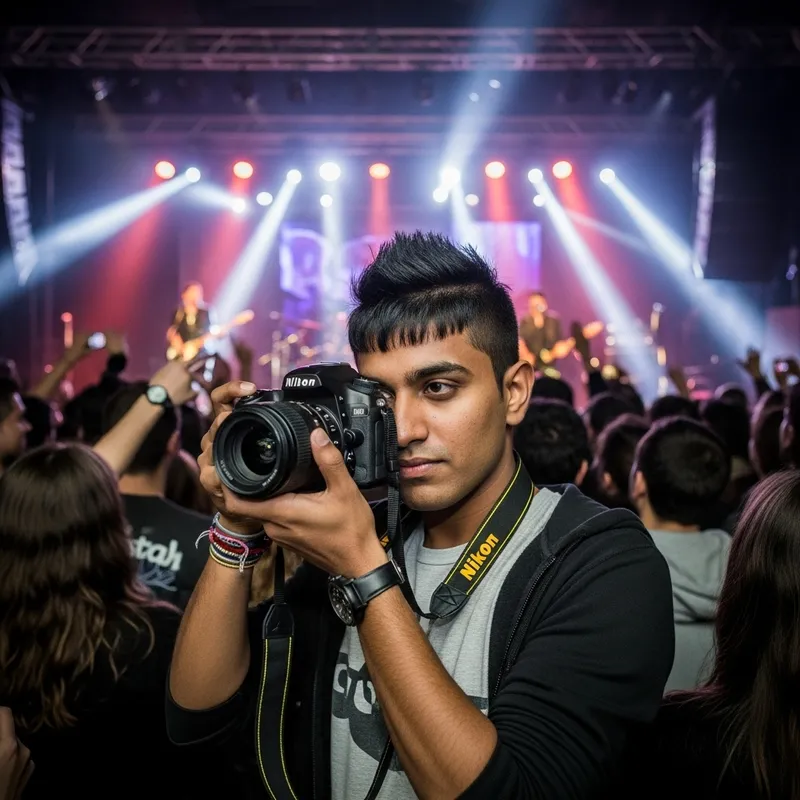 Capturing Rock Concert Energy: South Asian Male with Nikon Camera Capturing Rock Concert Energy: South Asian Male with Nikon Camera