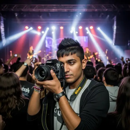 South Asian Male Capturing Rock Concert Moments with Nikon Camera
