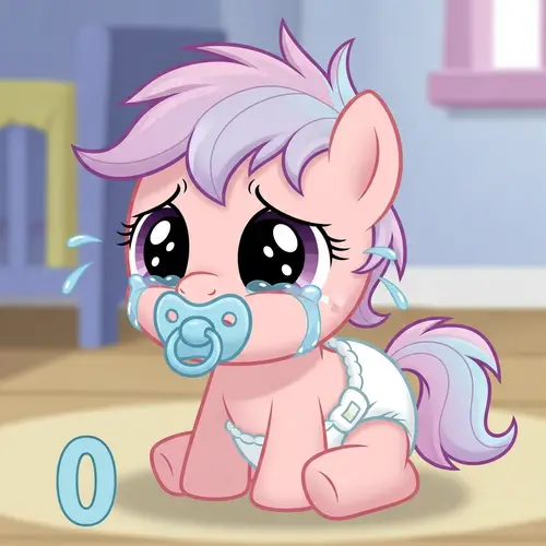 Cute Newborn Cartoon Pony in Fluffy Diaper