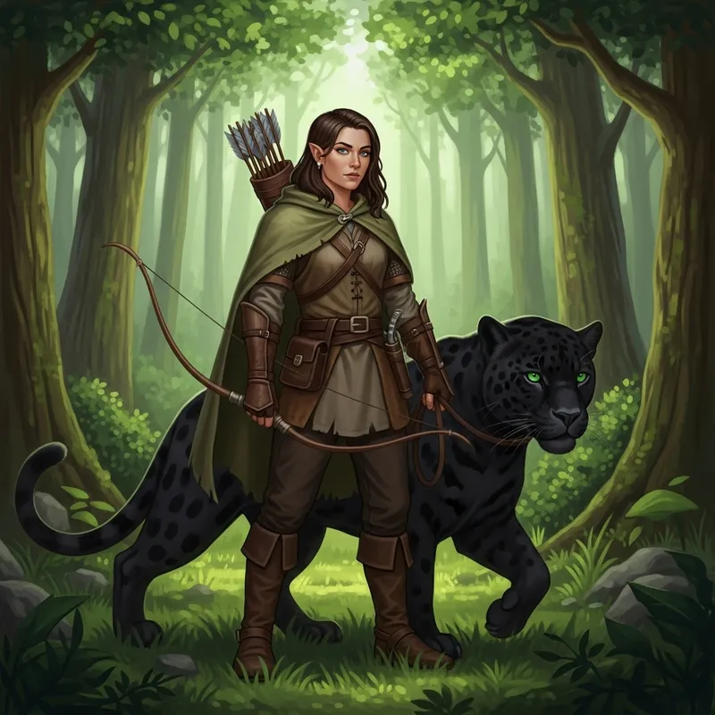 Mysterious D&D Universe Ranger with Black Jaguar in Enchanted Forest Mysterious D&D Universe Ranger with Black Jaguar in Enchanted Forest