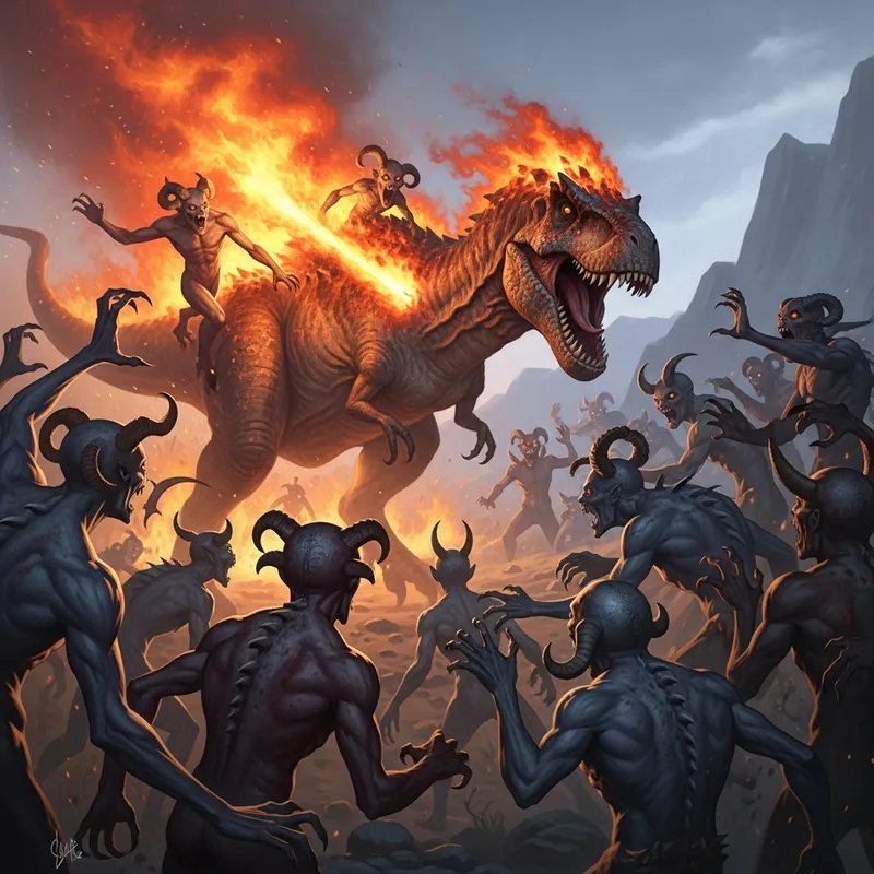 Fiery Dinosaur Battles Demons: Epic Fantasy Scene