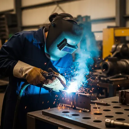 Female Hispanic Welder at Work - Sparks Flying