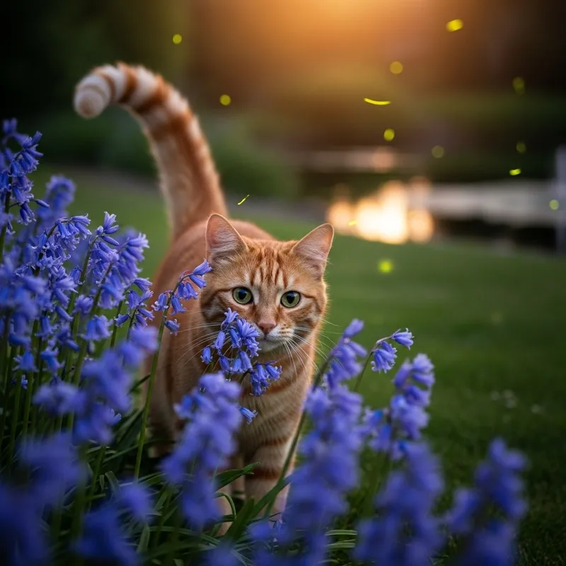 Playful Orange Cat Among Bluebells