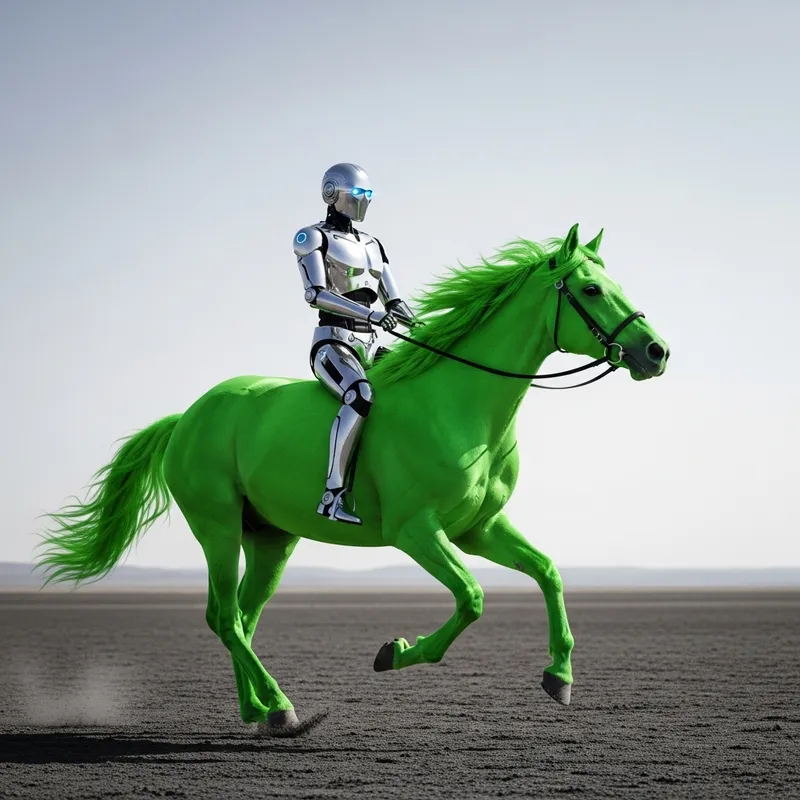 Robot Riding Green Horse | Surreal Art Scene Robot Riding Green Horse | Surreal Art Scene