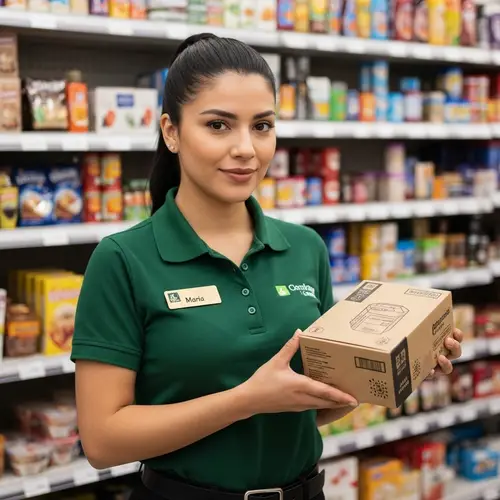 Confident Hispanic Sales Worker in Green Uniform