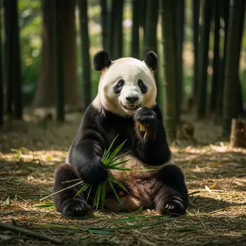 Playful Panda Munching Bamboo in Lush Forest | Wildlife Scene