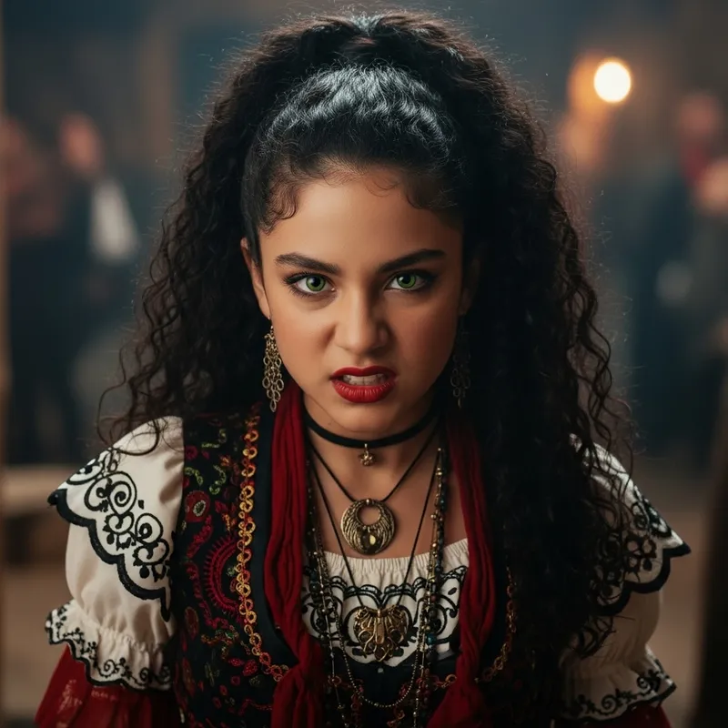 Vibrant Gipsy Girl with Tan Skin, Green Eyes, and Red Lips