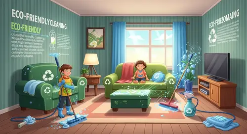 Eco-Friendly Family Home Cleaning | Benefits in Cartoon Style
