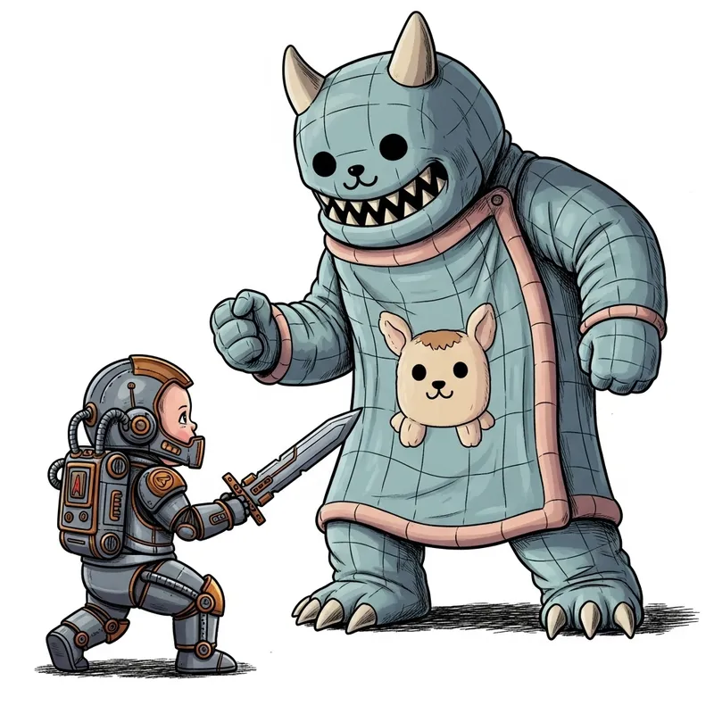 Anime-Style Baby Mech Battles Adorable Blankie Titan