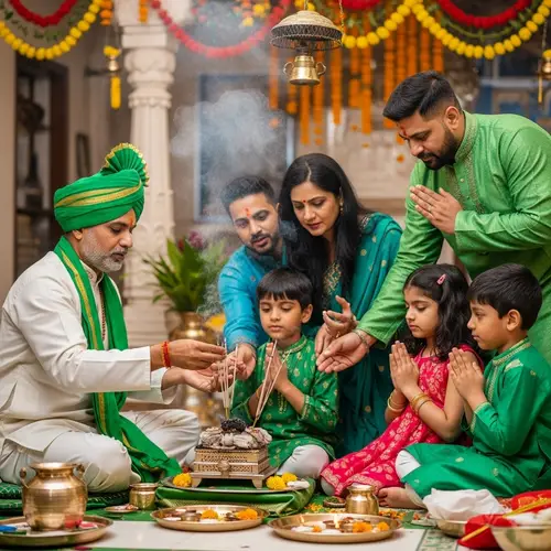 Indian Pandit Performing Hawan Ritual in Temple with Devotee Family