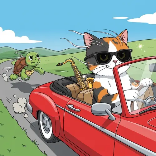 Calico Cat Playing Saxophone in Convertible