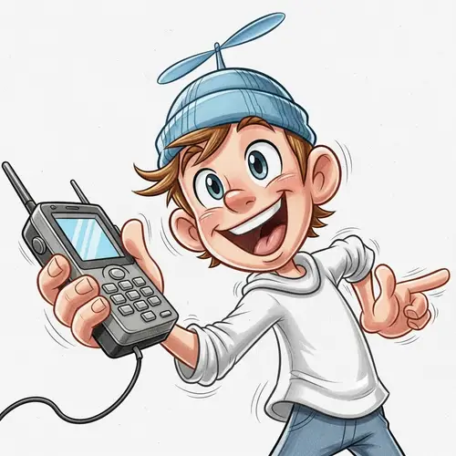 Animated Young Male Character with Exaggerated Smile and Propeller Beanie Hat