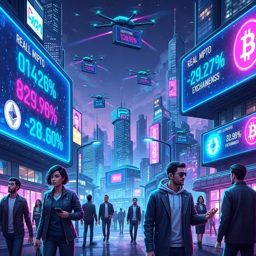 Futuristic Cityscape with Real-Time Cryptocurrency Exchange Rates