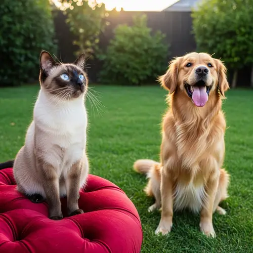 Siamese Cat and Golden Retriever - Peaceful Backyard Scene