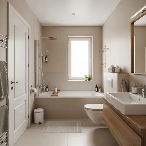 Soothing Bathroom Design with Bath, Toilet, Sink in Natural Tones
