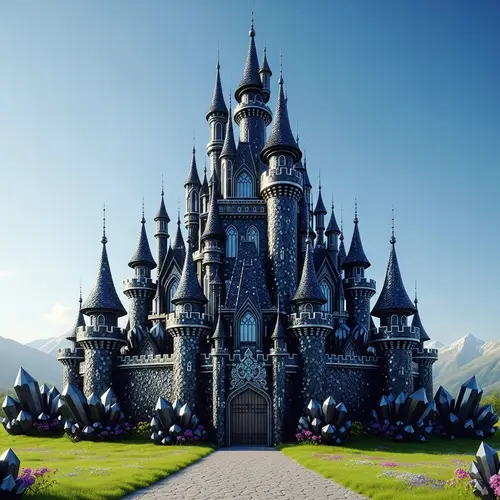 Majestic Black Crystal Castle - Sparkling Fortress Amidst Nature