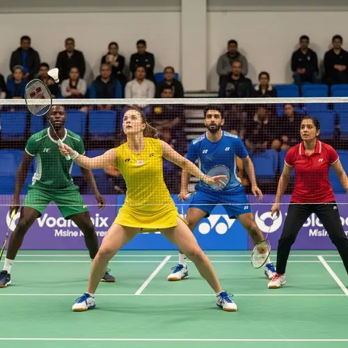 Dynamic Mixed Doubles Badminton Game - Action Shot