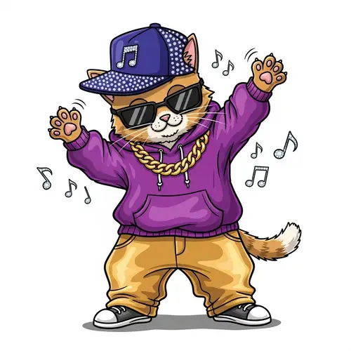 Cool Hip Hop Cartoon Cat in Gold Trousers & Purple Hoodie