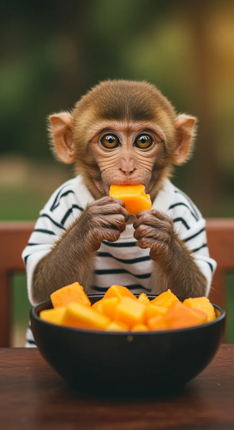 Adorable Baby Monkey Enjoying Fruit Snack