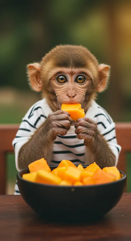 Adorable Baby Monkey Enjoying Fruit Snack