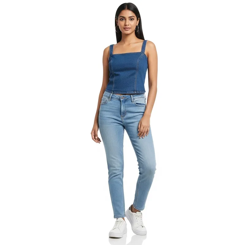 Stylish Casual: Girl in Blue Jeans and Sneakers