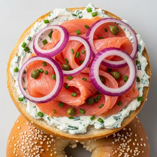 Freshly Baked Bagel with Lox, Cream Cheese, Capers, and Onions