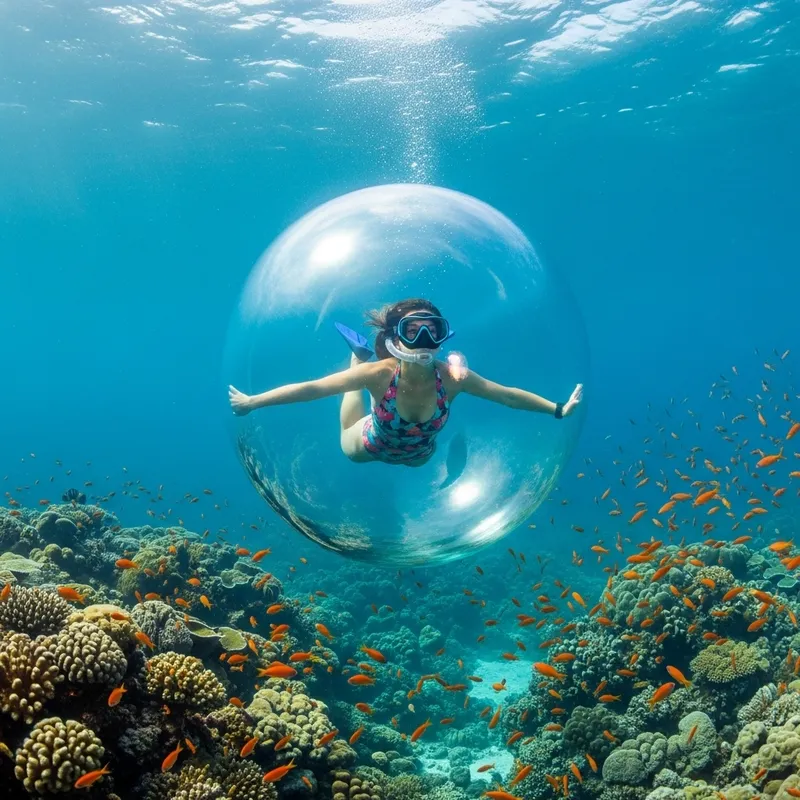 Woman Exploring Underwater Paradise in Bubble Woman Exploring Underwater Paradise in Bubble