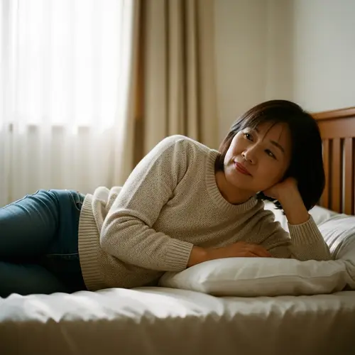 Middle-Aged Asian Woman Restfully Laying on Bed | Modern Street Photography Aesthetic