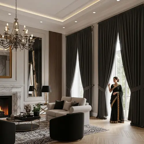 Sophisticated Modern Interior Design with Black Curtains and Stylish Furniture