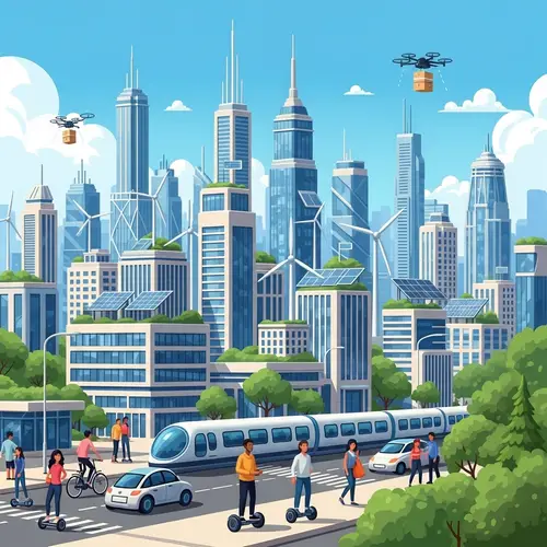 Futuristic City Concept with Solar Panels, Drones & Green Spaces