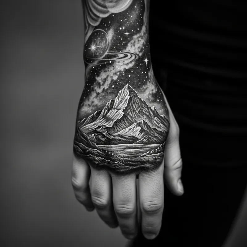 Intricate Mountain & Space Tattoo | Ansel Adams Inspired