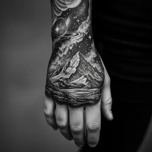 Hand Tattoo: Majestic Mountain & Space Elements | Ansel Adams-inspired