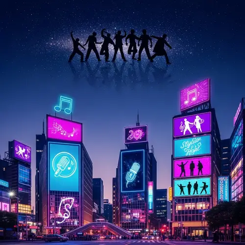 Vibrant Cityscape with K-pop Vibe | Neon Lights & Silhouettes