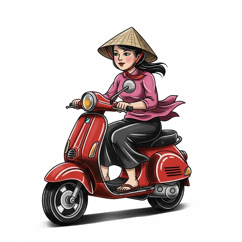 Traditional Tattoo of Vietnamese Girl on Scooter