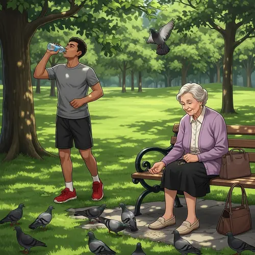 Sunny Park Scene: Young Male Jogger and Elderly Female Feeding Pigeons
