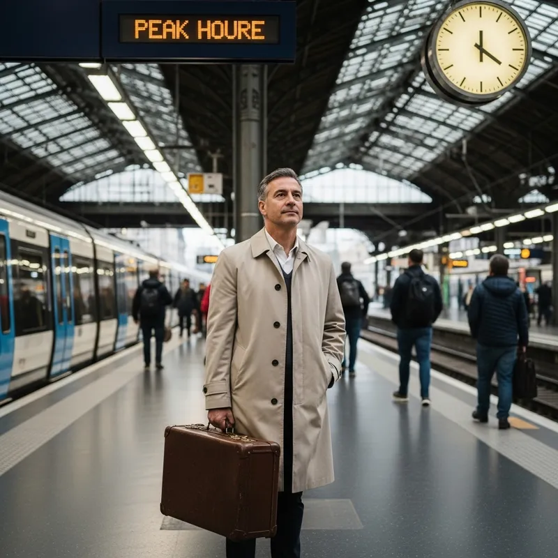 Reflection of City's Rhythm: Hispanic Man at Railway Station