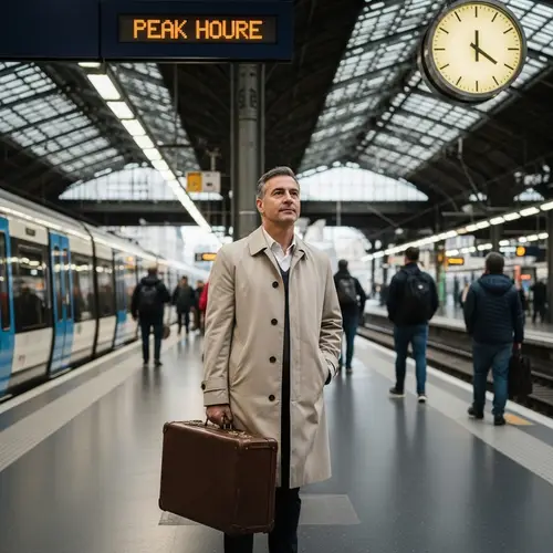Middle-Aged Hispanic Man at Busy Railway Station