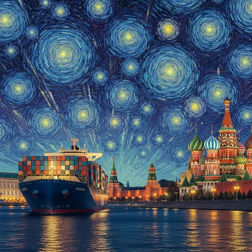Container Ship Approaching Kremlin Under Starlit Sky