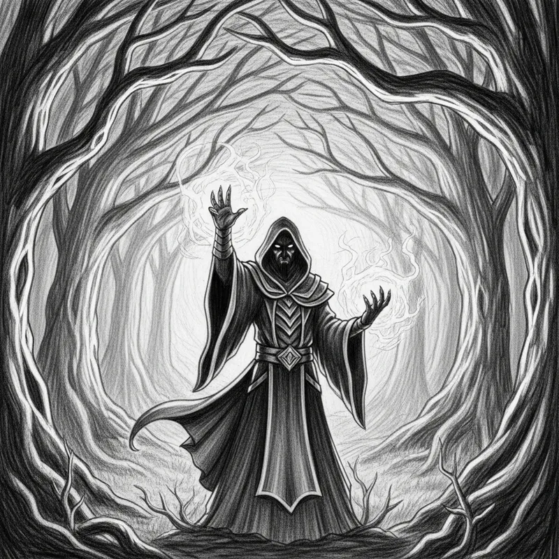 Pencil Sketch of a Dark Warlock in the Forest