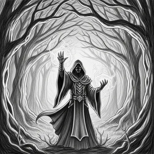 Pencil Sketch of a Dark Warlock in the Forest