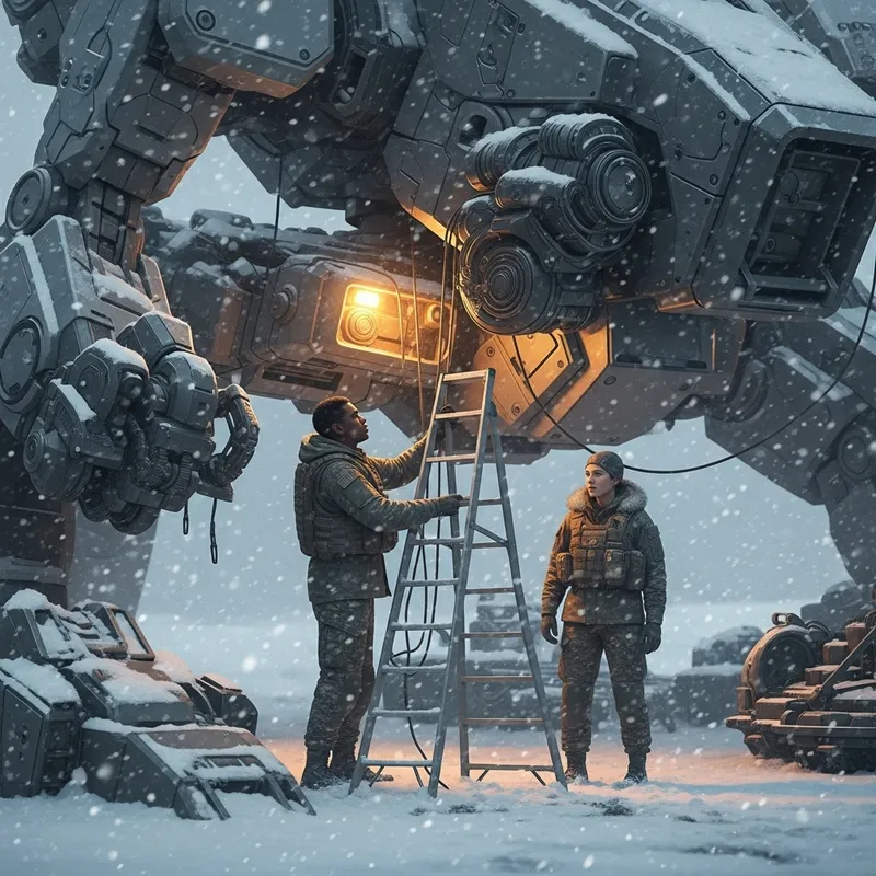 Winter Military Logistics: Repairing Mecha in Heavy Snowstorm Winter Military Logistics: Repairing Mecha in Heavy Snowstorm