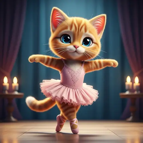 Adorable Ginger Cartoon Cat Ballerina Dancing on Stage