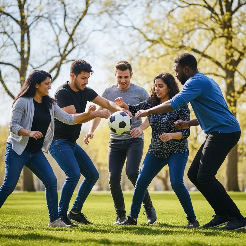 Group of 5 People Playing Ball Together in Park Group of 5 People Playing Ball Together in Park